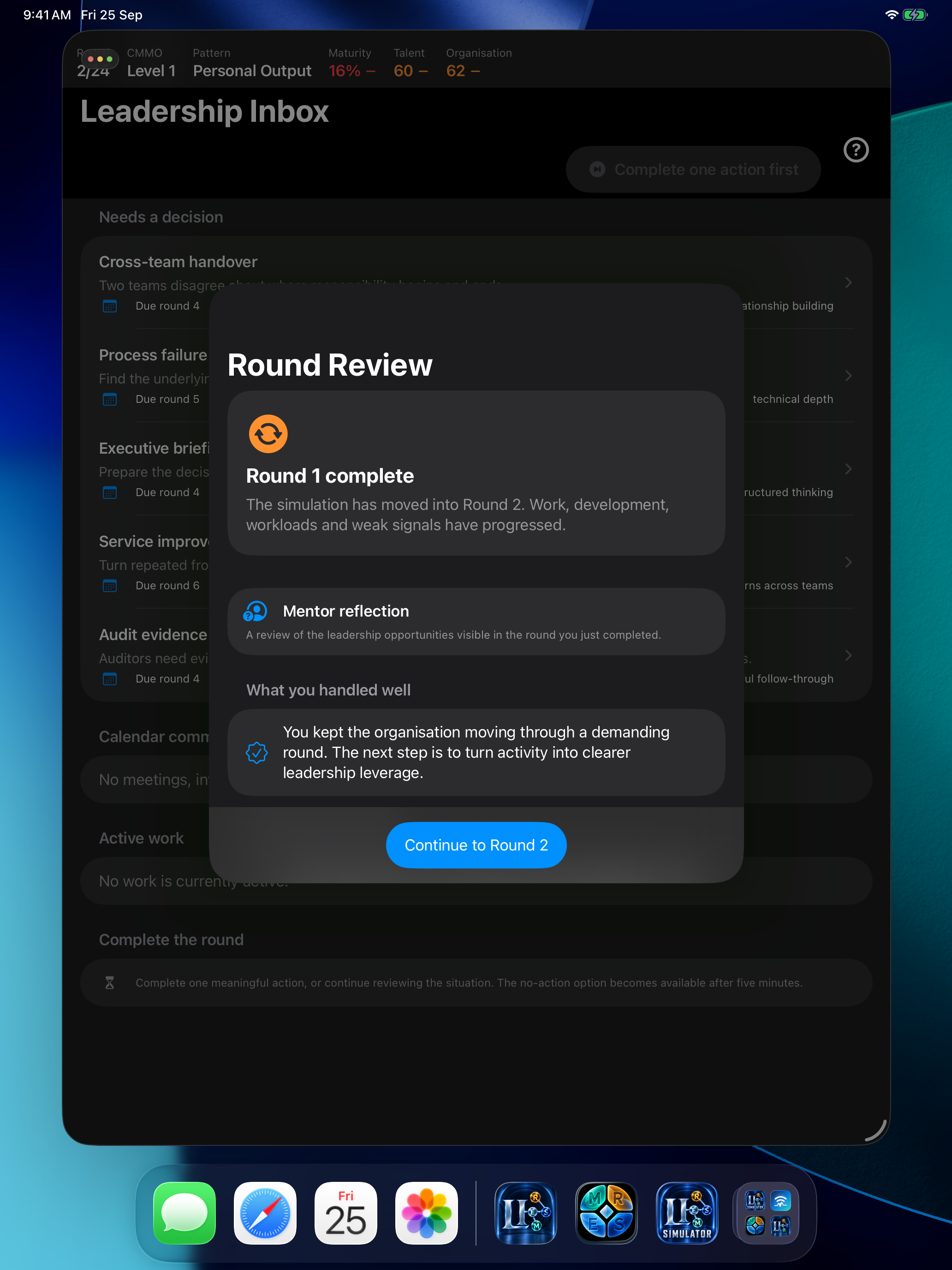 Leadership Intelligence Simulator Round Review screen on iPad
